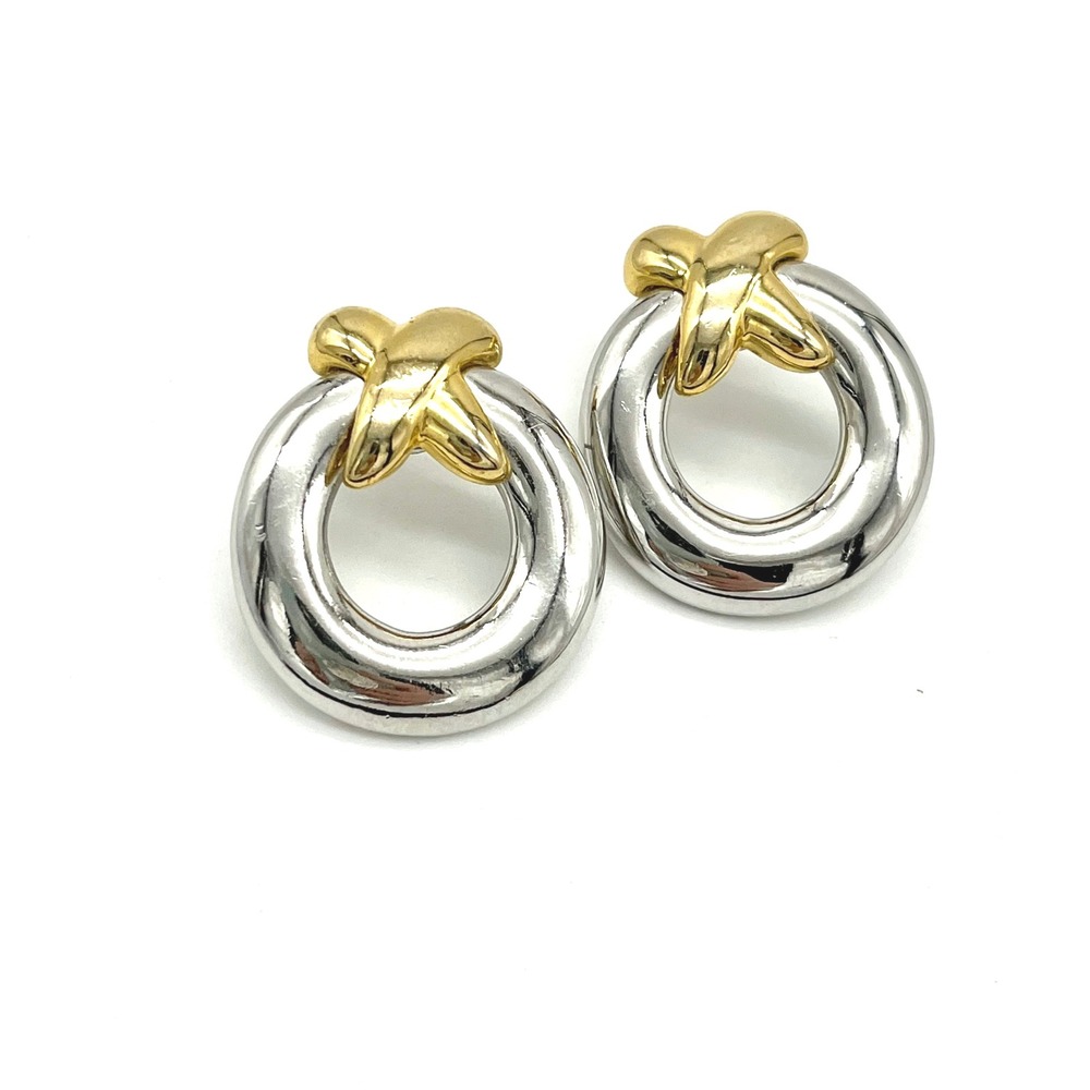 Statement Earrings Two Tone Gold Silver Toned Round Circle Post Chunky‎ Costume